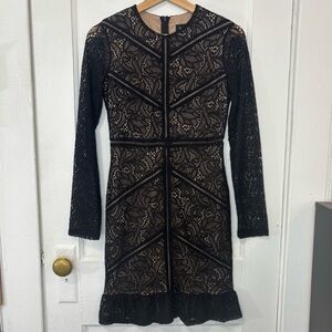 NWT Bardot Women's Sasha Long Sleeve Lace Cocktail Mini Dress, Black/Nude, Sz XS